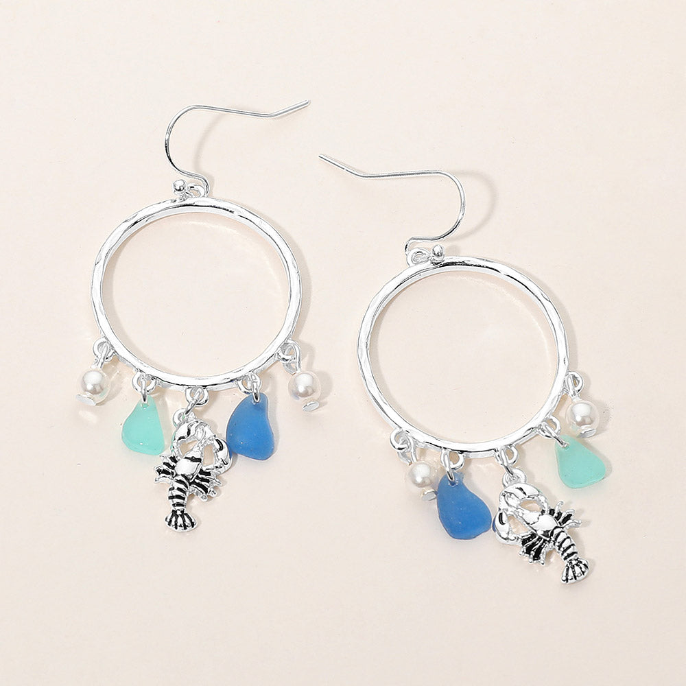 Lobster Sea Glass Charm Drop Open Ring Dangle Earrings