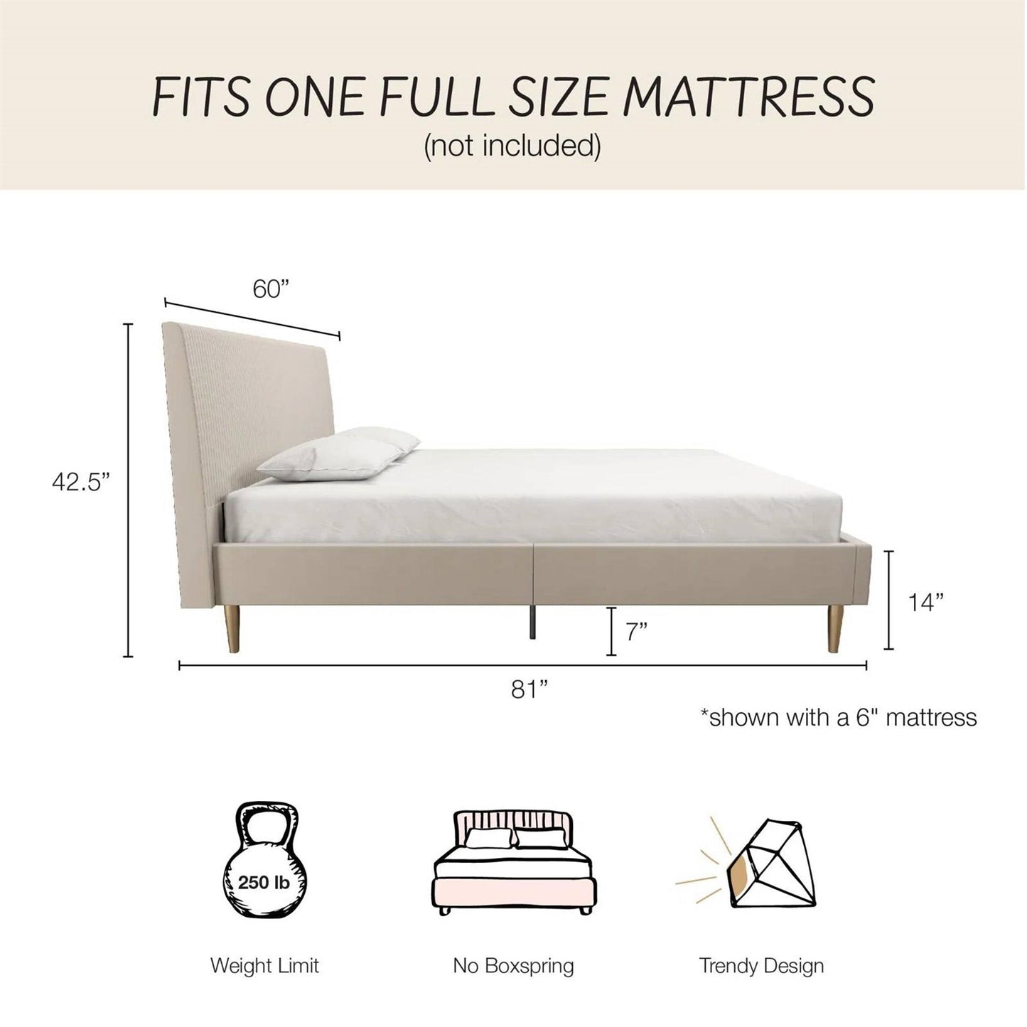 Full size Off-White Ivory Cream Upholstered Platform Bed Frame with Headboard-4
