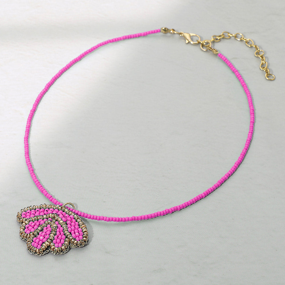 Felt Back Seed Beaded Shell Pendant Necklace