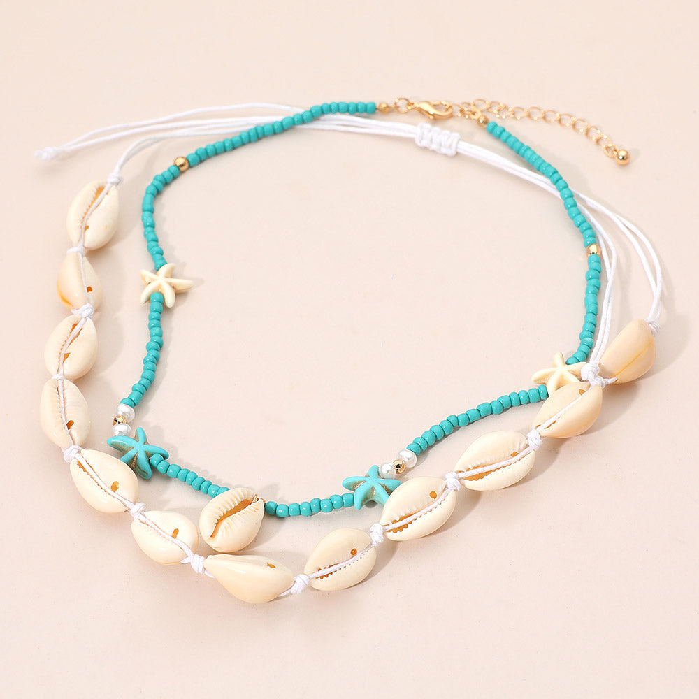2PCS - Conch Shell Beaded Starfish Seed Beaded Layered Necklaces