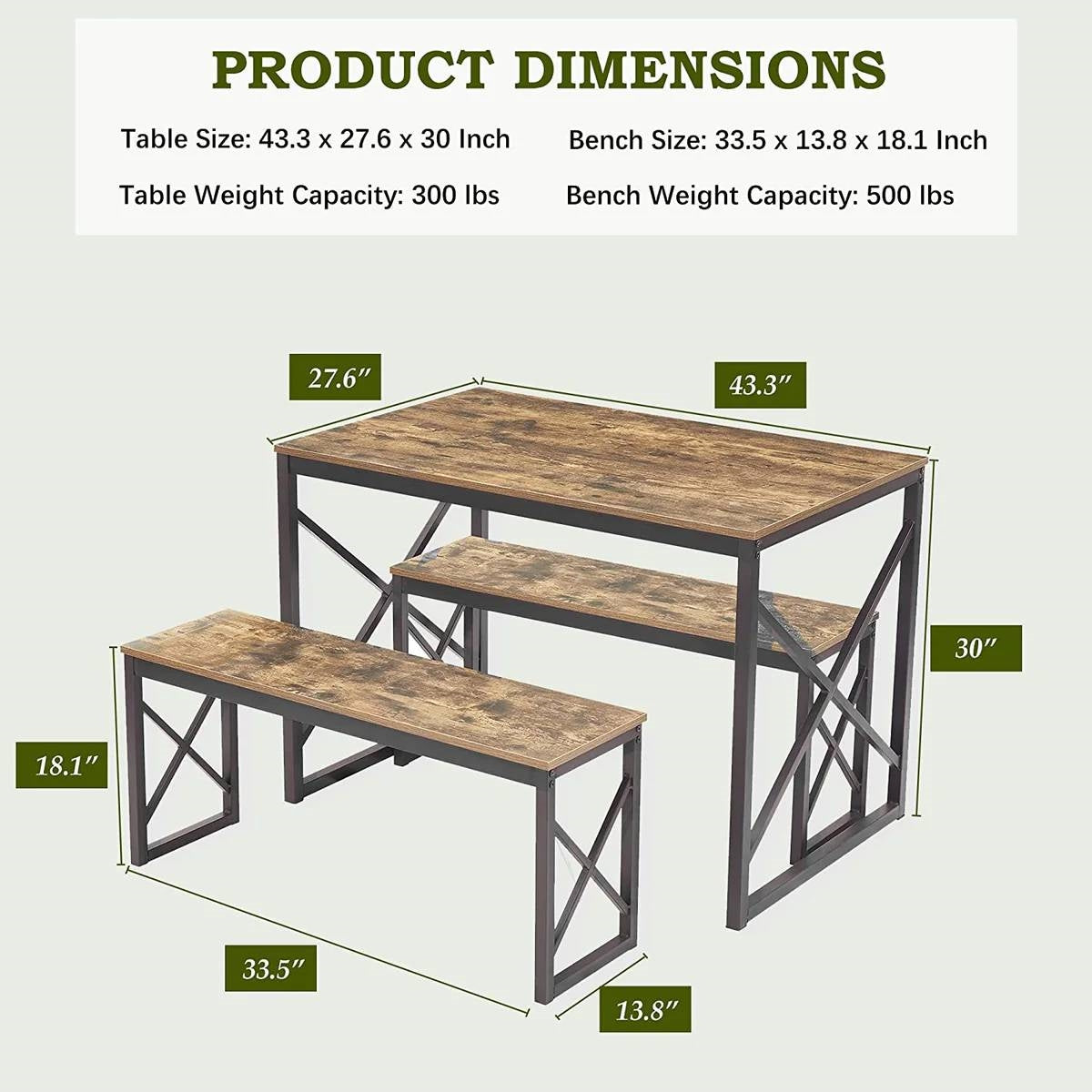 Modern Industrial Wood-Top Kitchen Dining Table Set with 2 Backless Benches-4