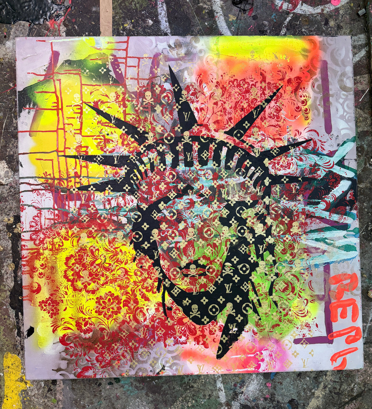 Colorful abstract art piece with black silhouette of a deer on a textured background. Faceless Liberty on Flowers - Silk Screen & Spray Paint on canvas, 2025.