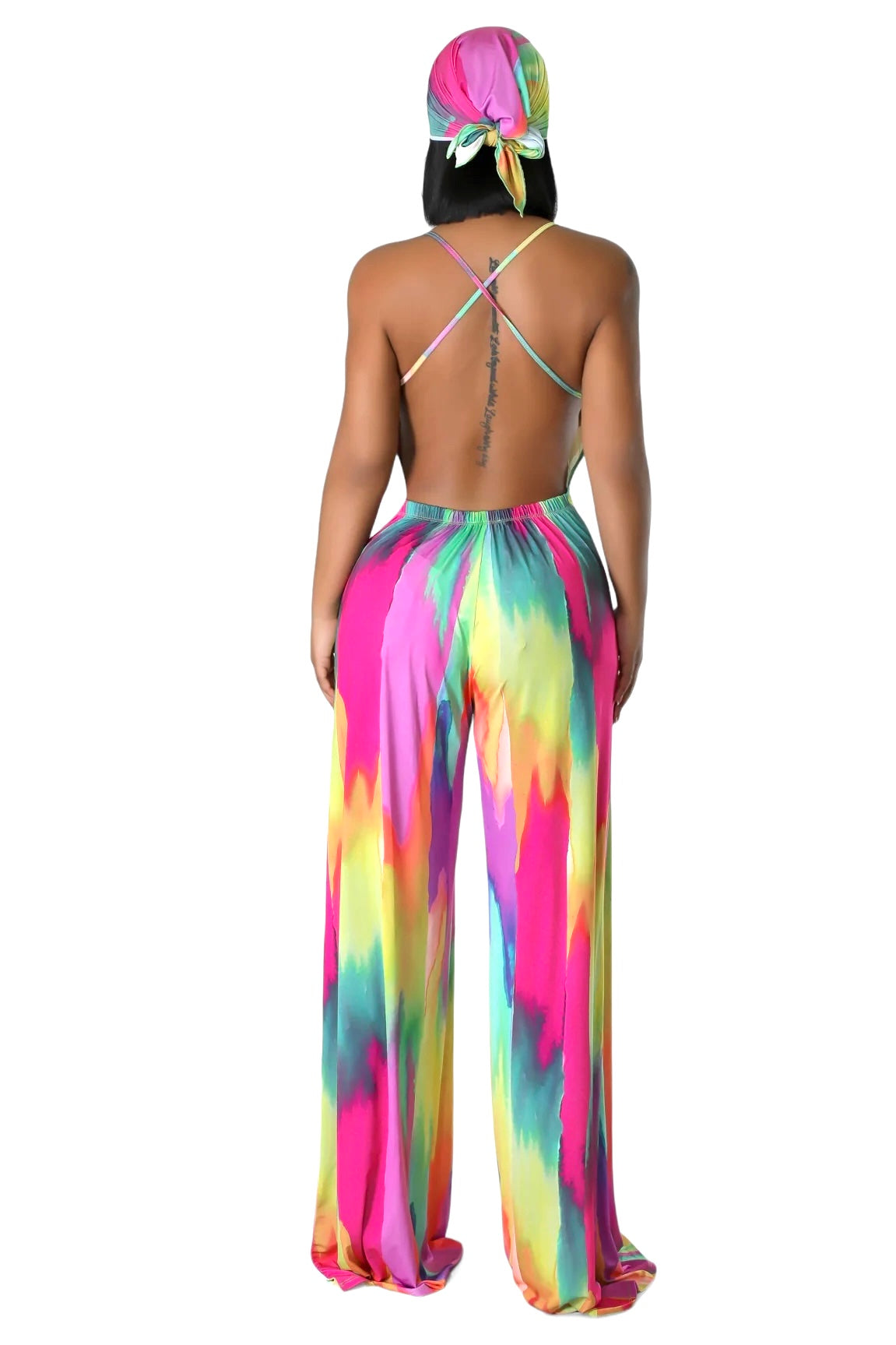 Abstract Paint Pattern Jumpsuit with Criss Cross Back