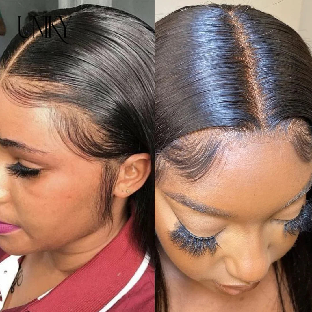 Side-by-side comparison of a woman with a lace wig and a close-up of the lace front.