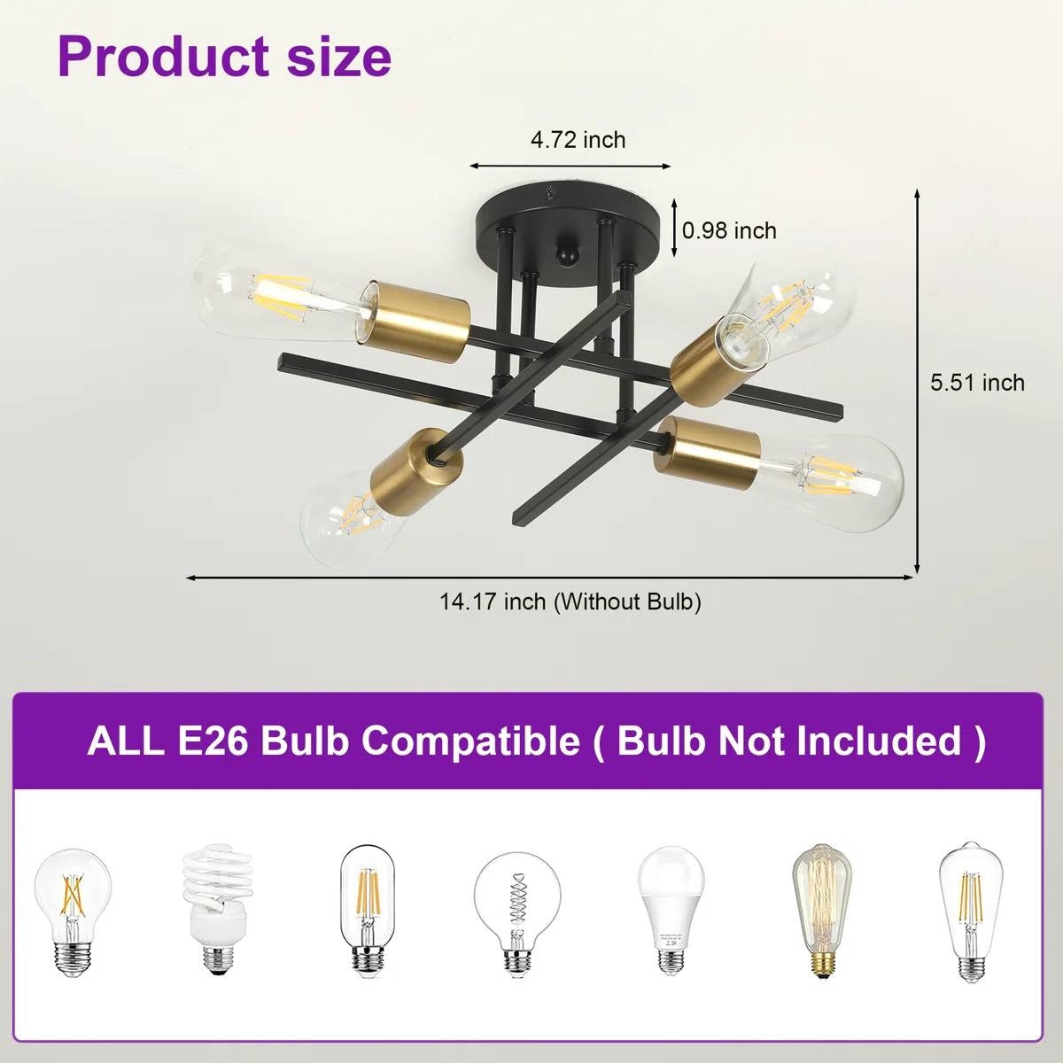 Gold/Black 4-Light Modern Flush Mount Sputnik Ceiling Light Fixture-4