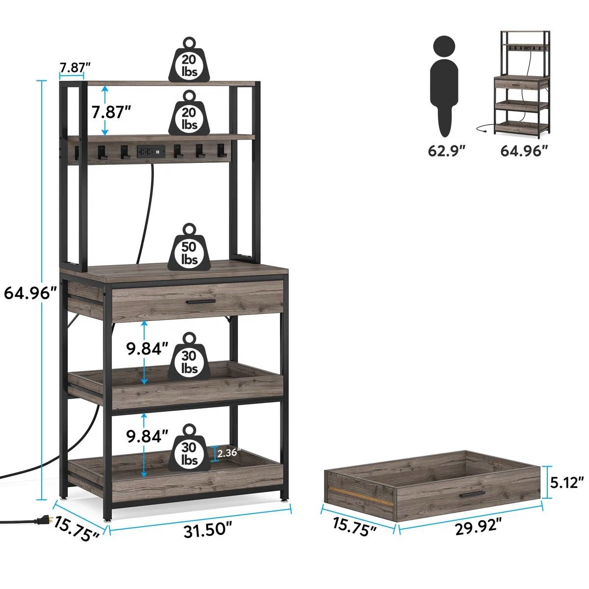 Grey Modern Baker's Rack Kitchen Shelving Unit with Pull-Out Shelves and Drawer-4