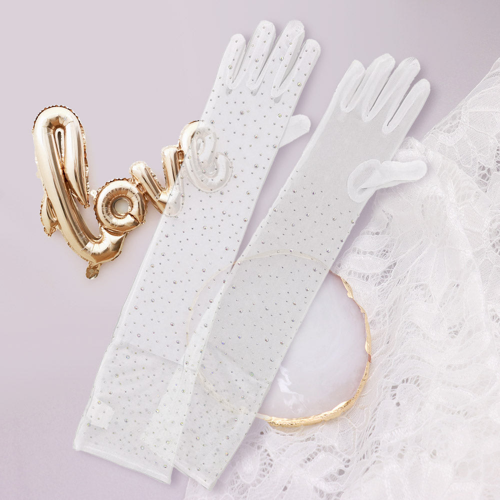 Stone Embellished Dressy Mesh Long Wedding Gloves