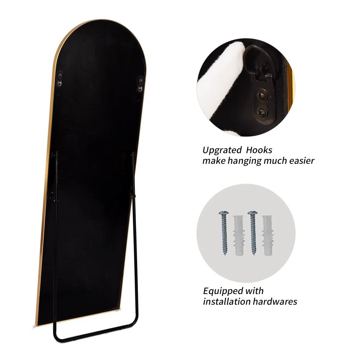 Gold 58-inch Full Length Arched Floor Mirror with Stand and Wall Hanging Screws-4