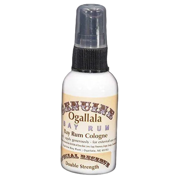 Ogallala Bay Rum cologne bottle on a gray background