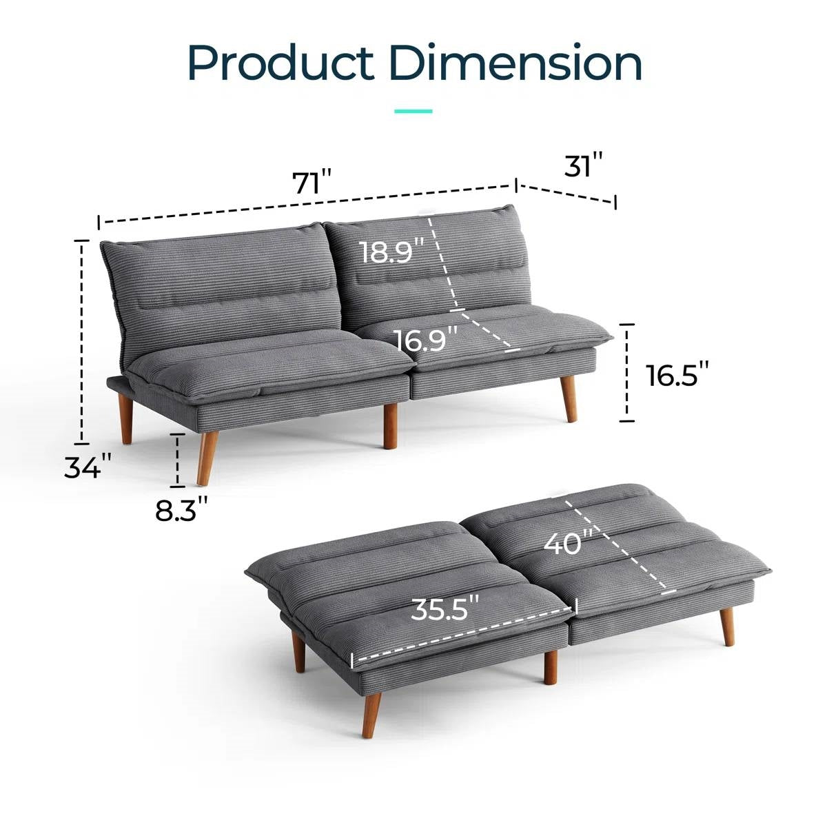 Modern Grey Corduroy Fabric Futon Sleeper Sofa Bed Couch with Wood Legs-4