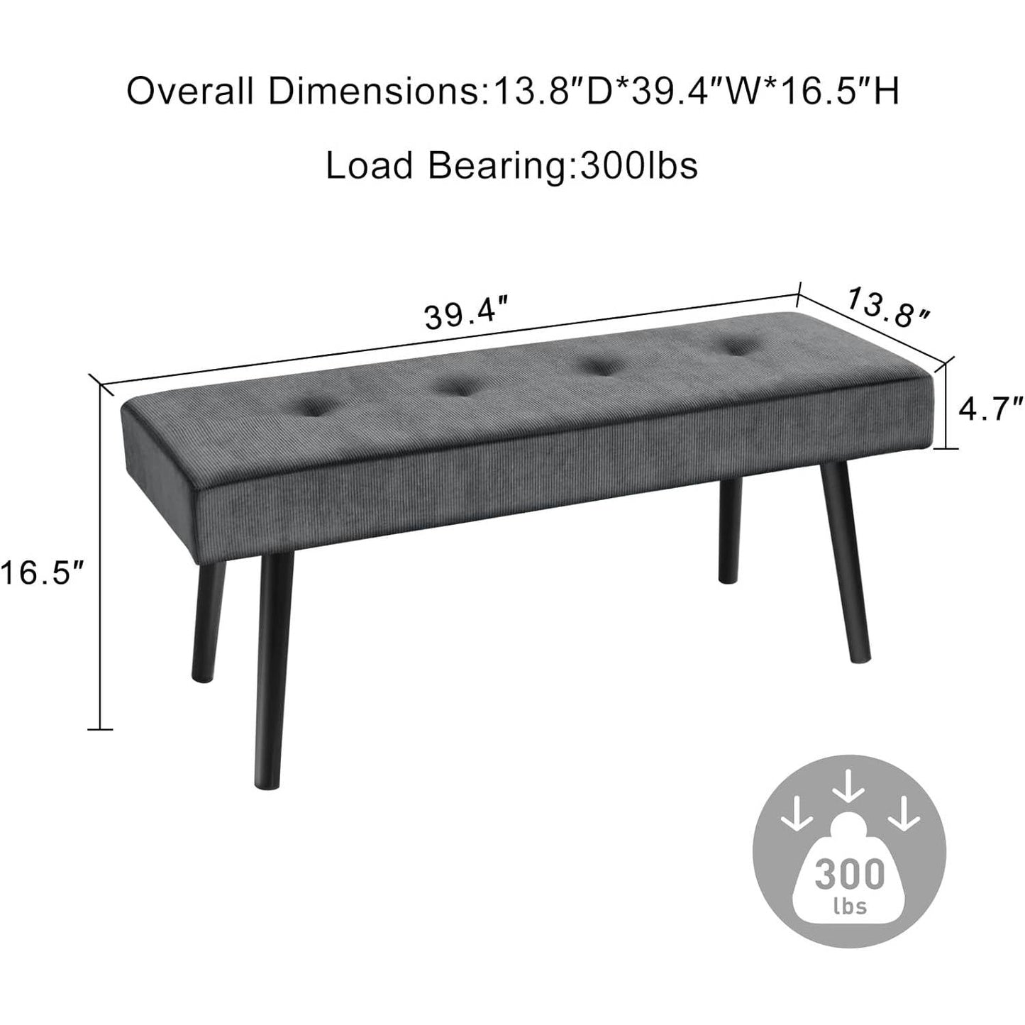 Mid-Century Grey Corduroy Upholstered End of Bed Bench with Black Metal Legs-4