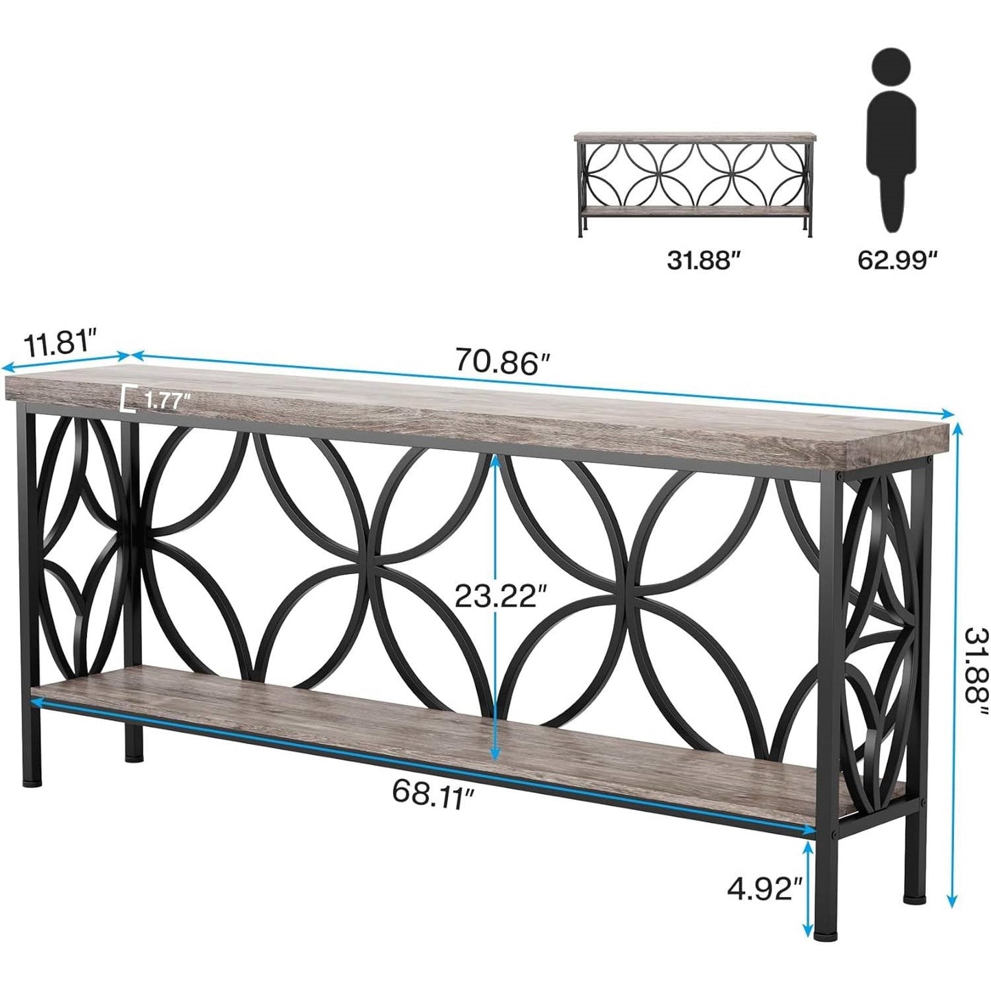 Modern 70-inch Long Narrow Foyer Entryway Table with Grey Wood Top and Shelf-4