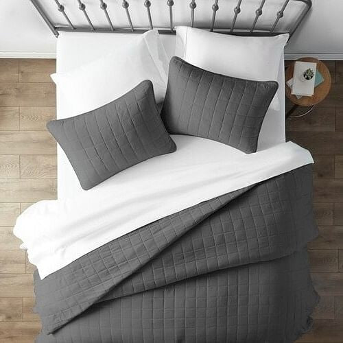 3 Piece Microfiber Farmhouse Coverlet Bedspread Set Grey, King/California King-1