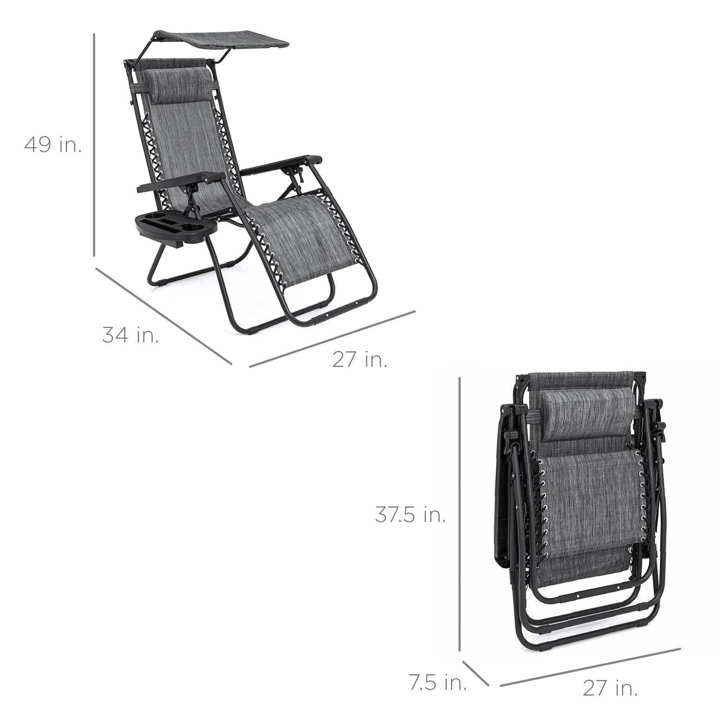 Grey Zero Gravity Folding Reclining Patio Lounge Chair with Canopy Sun Shade-4