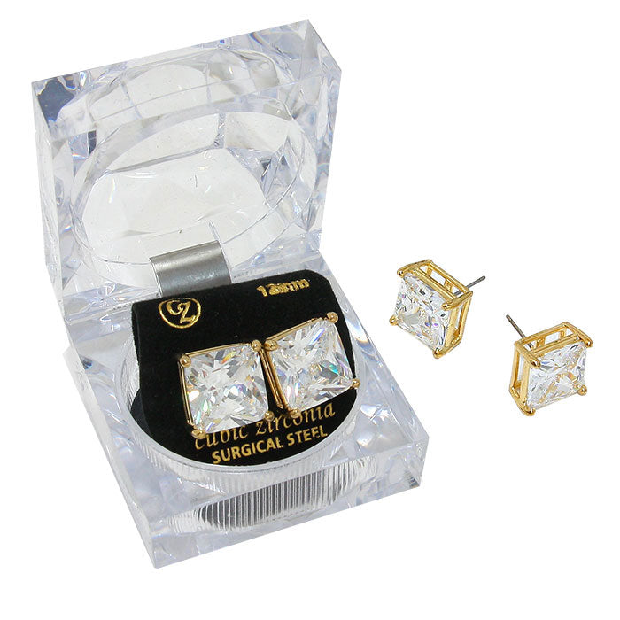 12mm Square Crystal Cubic Zirconia Stud Earrings in Clear Gift Box - Ready to Gift