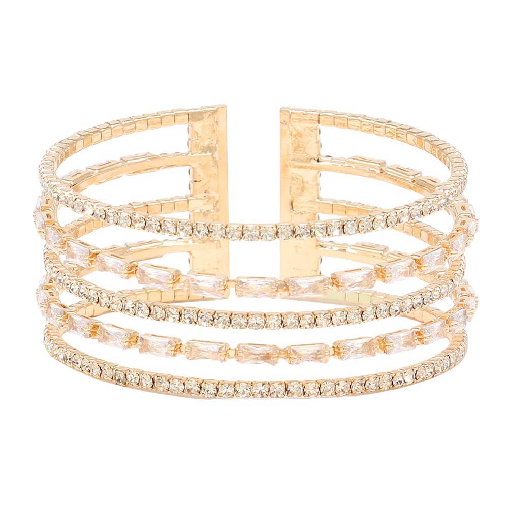 CZ Baguette Stone Accented Split Cuff Evening Bracelet