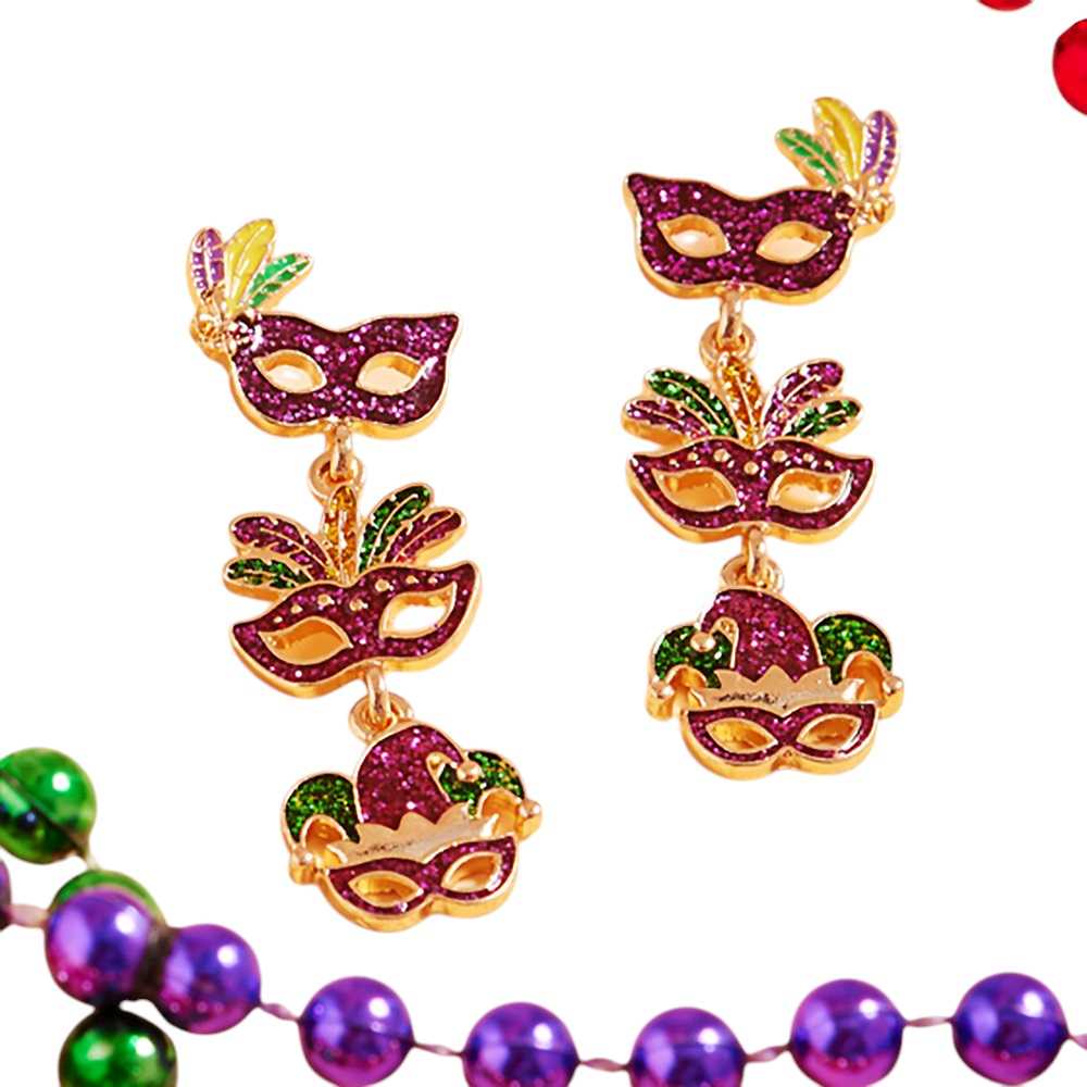 Glittered Enamel Mardi Gras Mask Link Dropdown Dangle Earrings