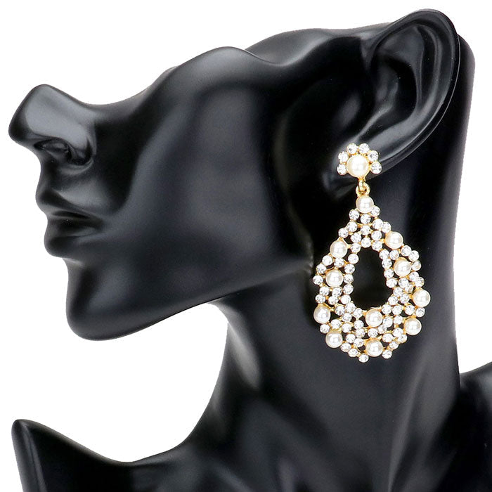 Pearl Detail Rhinestone Open Teardrop Evening Earrings