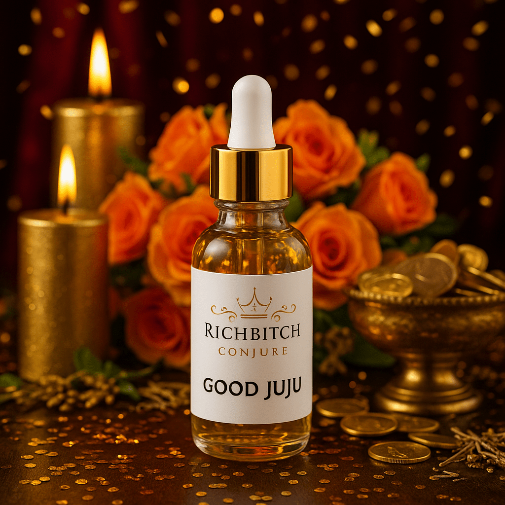 Bottle labeled 'Good Juju' from 'Richbitch Conjure' with candles and roses in the background. Good Juju Conjure Oil for Abundance, Blessings, and Positive Energy