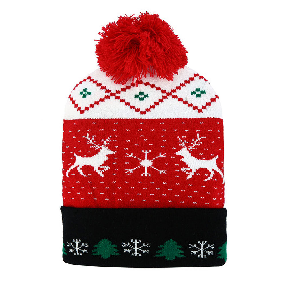 Reindeer Snowflake Christmas Tree Pattern Pom Pom Winter Beanie Hat