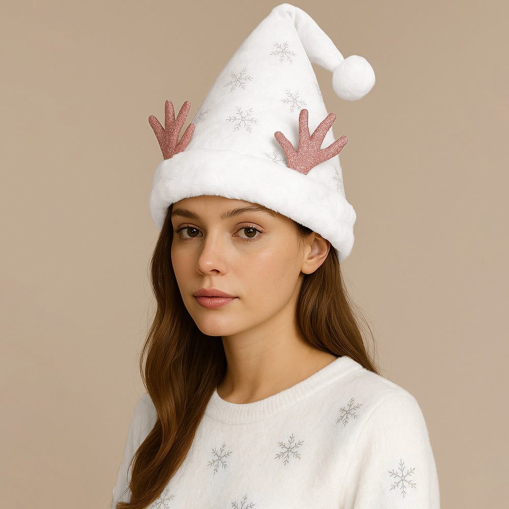 Fluffy Christmas Antler Accent Sequin Snowflake Pattern Santa Hat