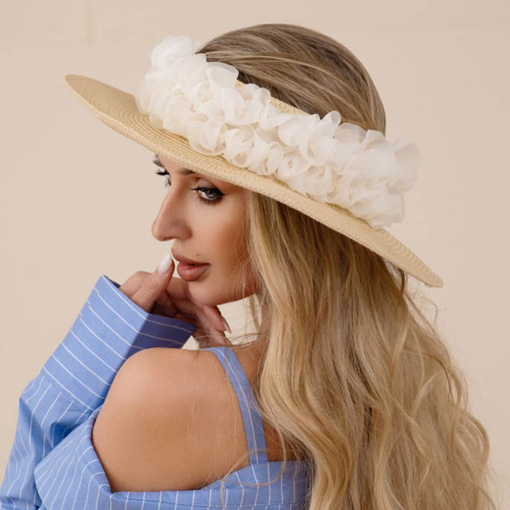 Floral Trim Open Top Wide Brim Straw Sun Hat
