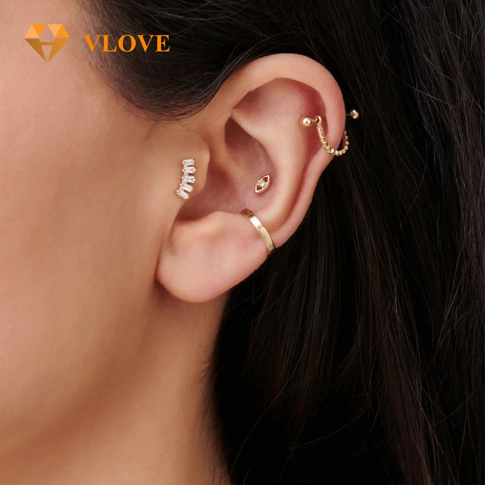 VLOVE Fashion Jewelry Wholesale 14K Gold Studs Back Cartilage Baguette Diamond Earrings Helix Piercing Earrings