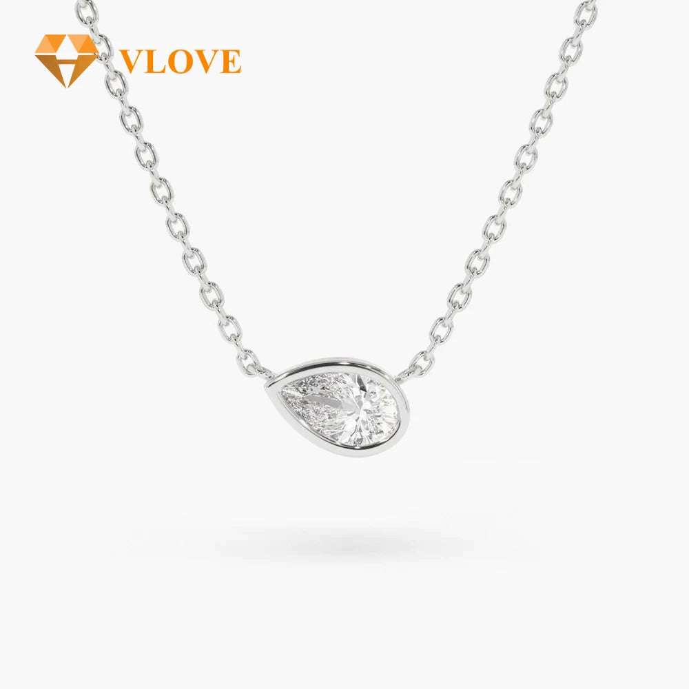 VLOVE Fine 14K Gold Jewelry Craftsmanship Pear Cut Gold Pendant 14K Horizontal Pear Shape Solitaire Diamond Necklace