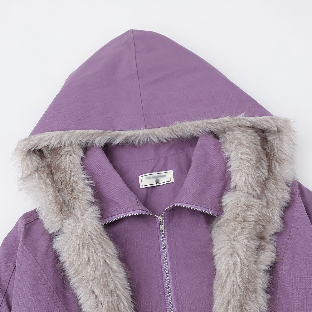Purple hooded cotton blend jacket with plush faux fur trim, full front zipper, long sleeves, loose fit, and warm insulated design for casual winter streetwear.
