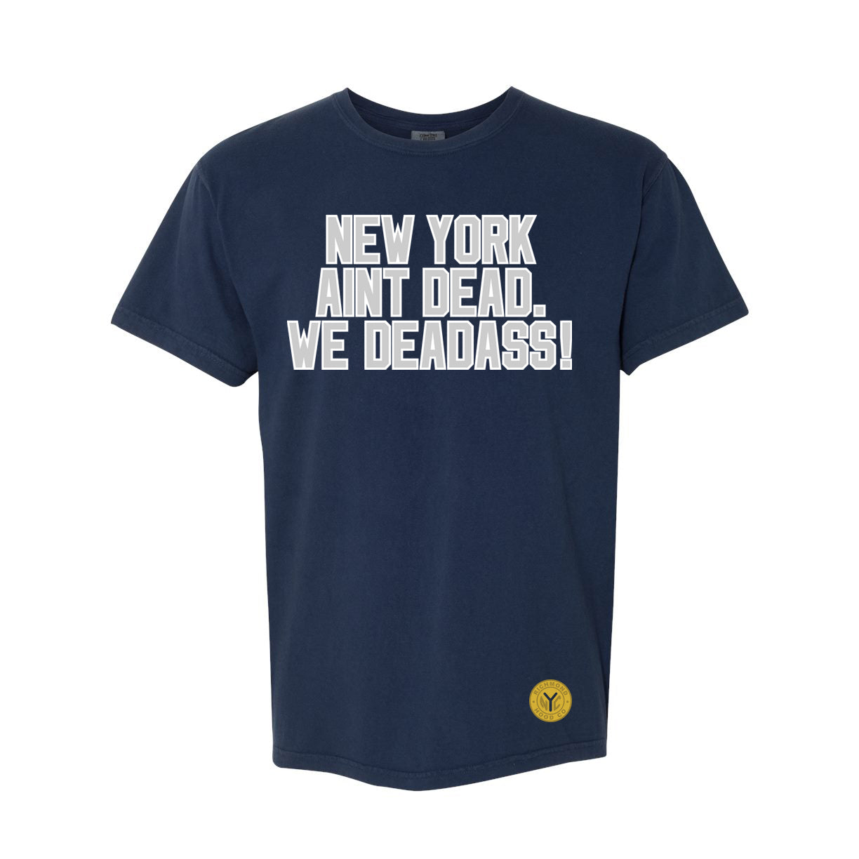 Navy blue t-shirt with white text on a white background