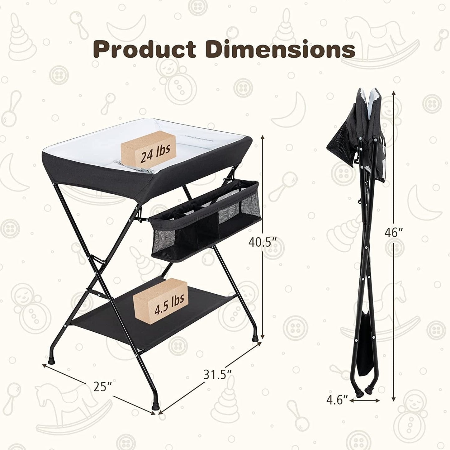 Black Folding Wide Nursery Diaper Baby Changing Table-2