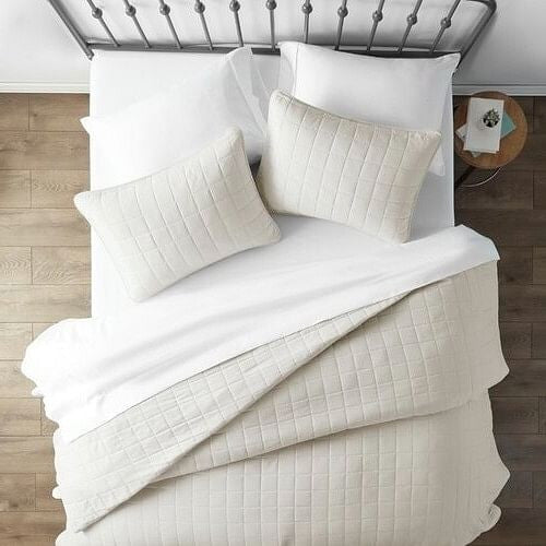 3 Piece Microfiber Farmhouse Coverlet Bedspread Set Ivory, King/California King-1