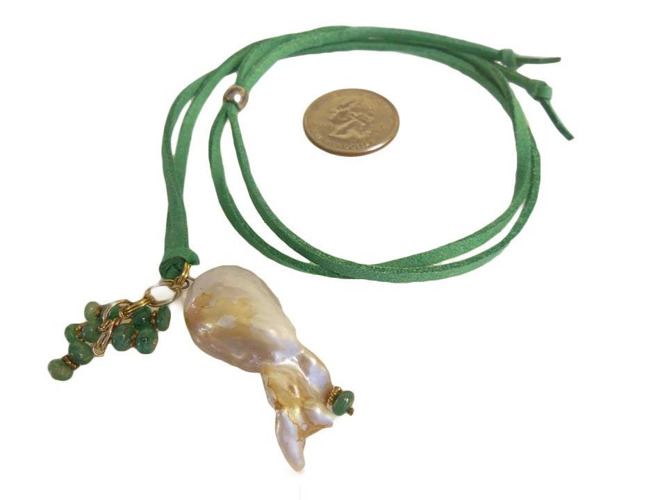 Throwaway Elegance and a Little Bit of WOW!!! Jumbo Pearl-07 on Teal Suede Cord with Emeralds-0