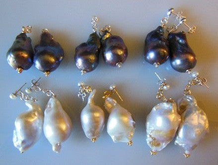 Jumbo Baroque Chinese Freshwater Grey Black Pearl Earrings-One of a kind-006-7