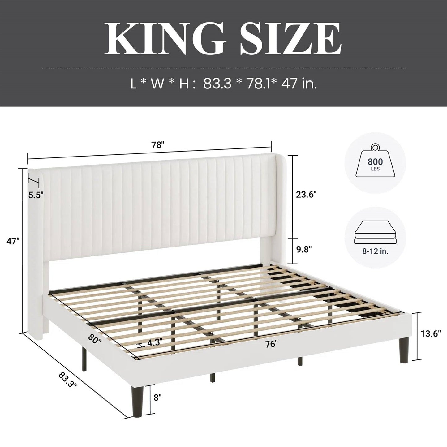 King size White Velvet Upholstered Platform Bed Frame with Wingback Headboard-4