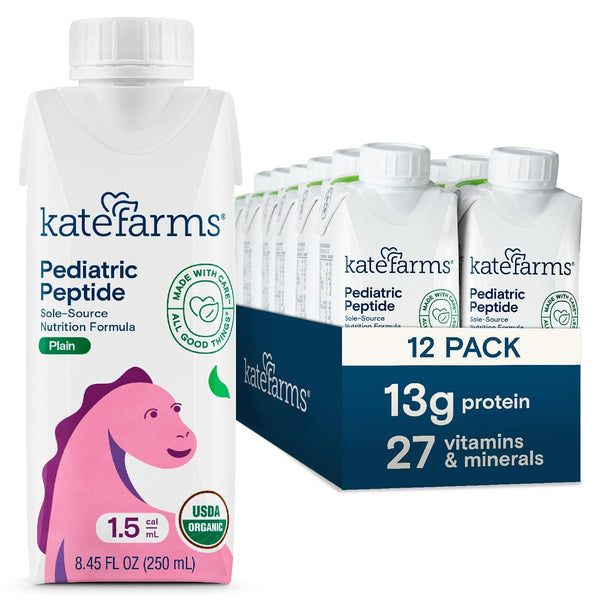 Kate Farms Pediatric Peptide nutrition formula packaging with a 12-pack box on a white background