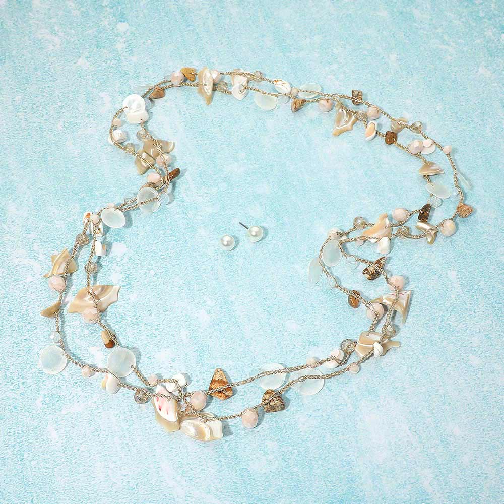 Coastal Shell Natural Stone Pearl Charm Station Layered Statement Long Necklace