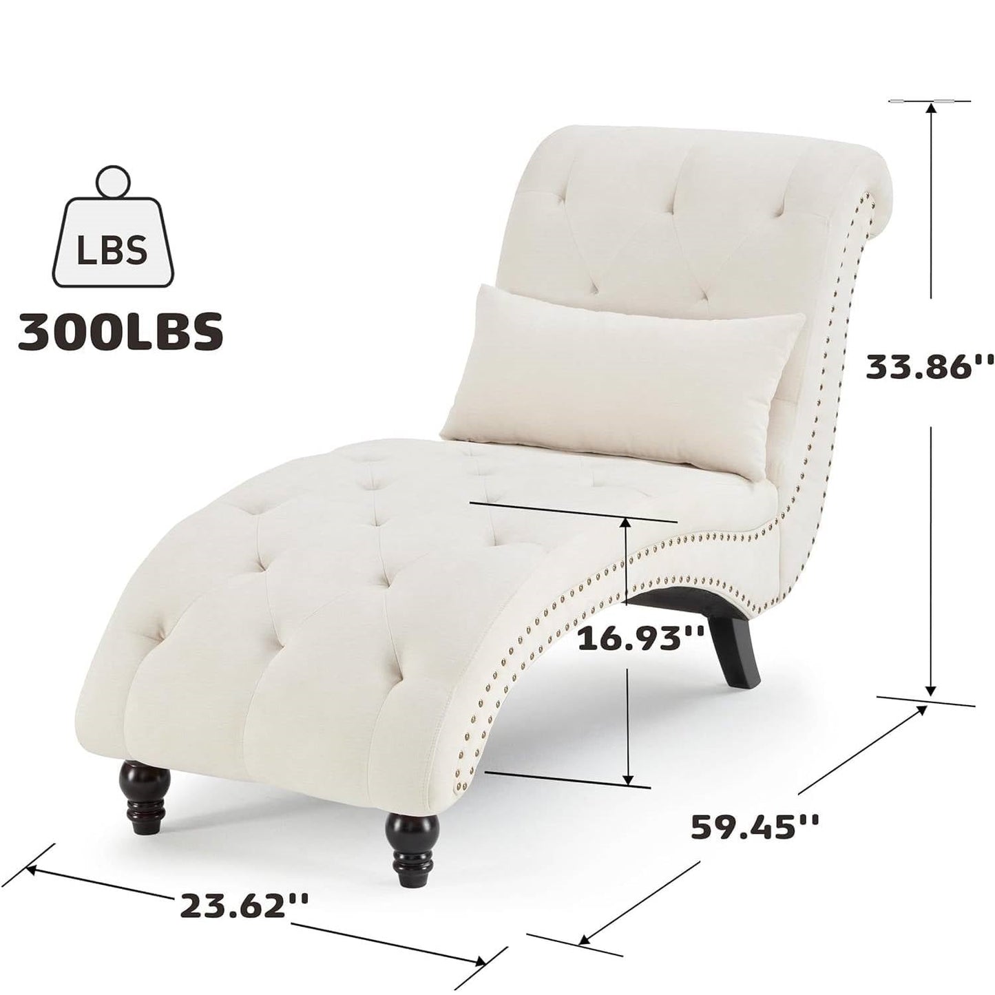 Cream Beige Linen Upholstered Armless Chaise Lounge Chair with Pillow-3
