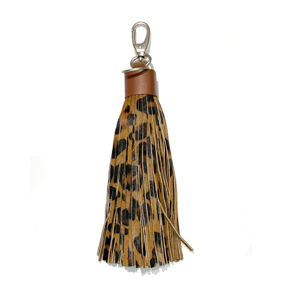 Leopard Patterned Genuine Leather Tassel Bag Charm