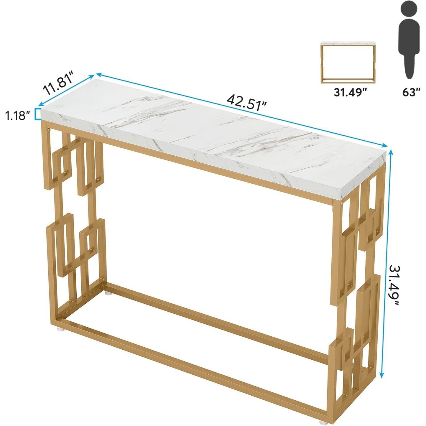 42-inch Modern Console Sofa Table with White Faux Marble Top and Gold Frame-4