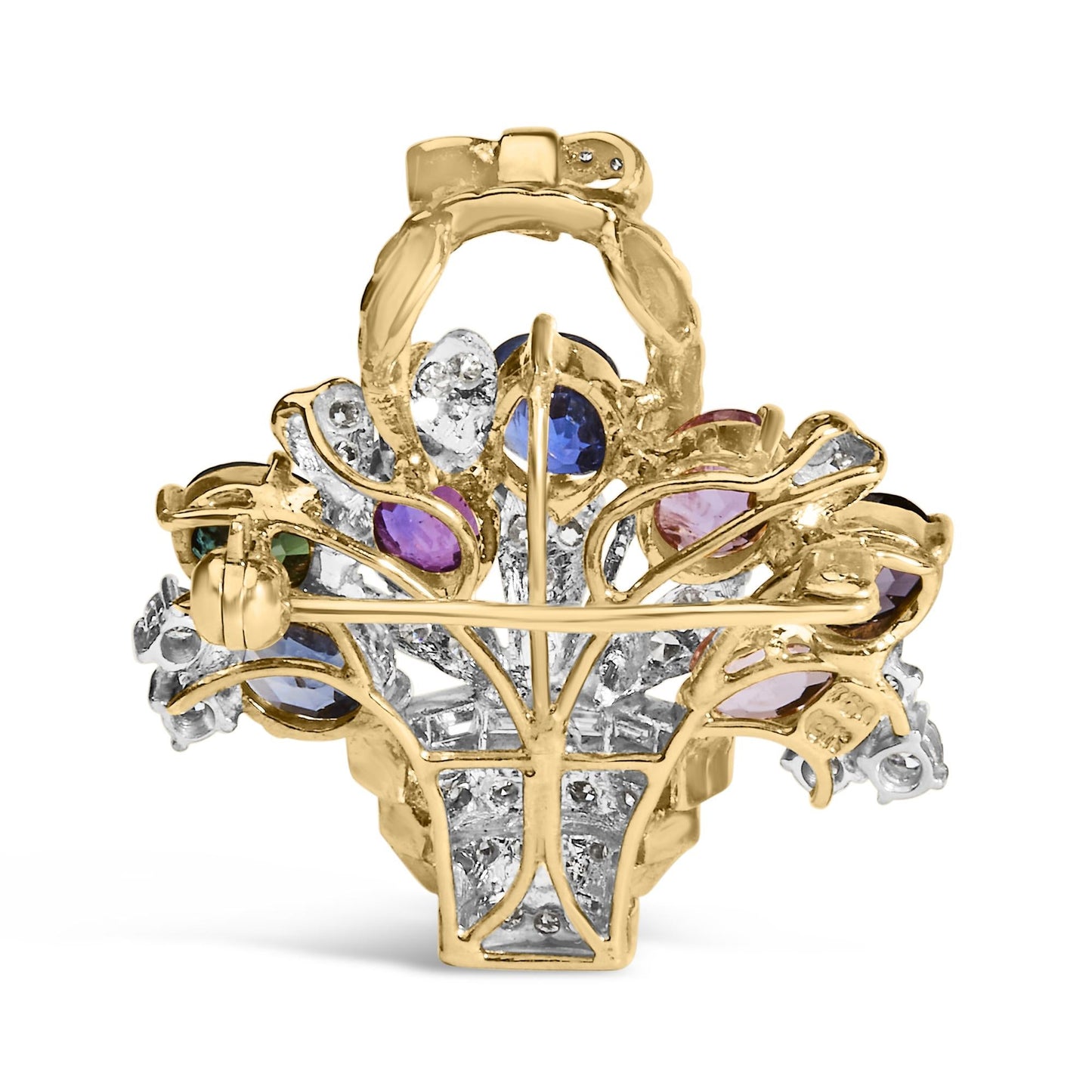 18K Yellow Gold 1 1/10 Cttw Diamond and Mixed Gemstone Floral Bouquet Pendant and Brooch Pin (G-H Color, VS1-VS2 Clarity)-4