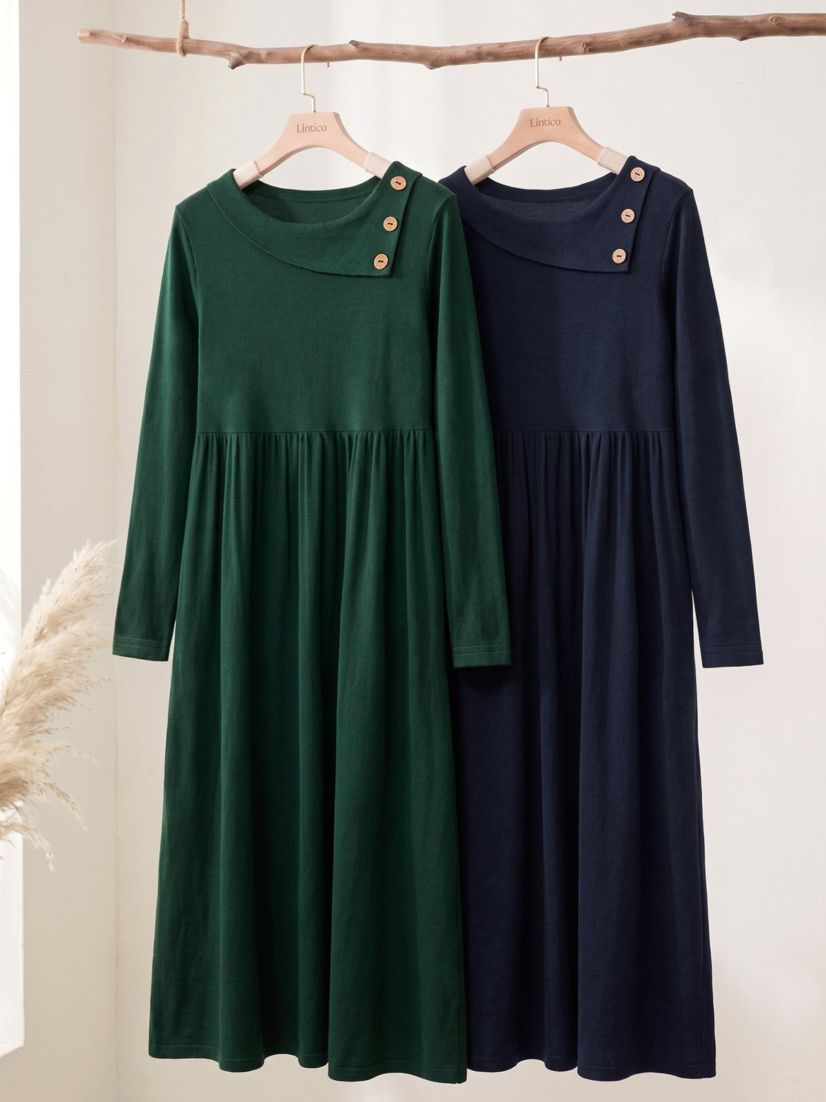 Wool Layered Neck Pleated Midi Dress BILLIE