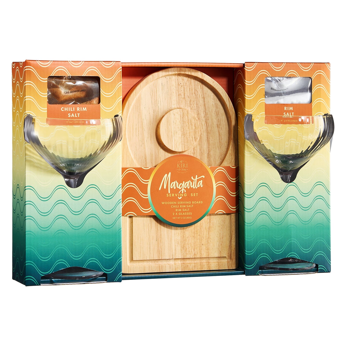 Margarita Glass, Salt & Board Gift Set - Includes 2 Ribbed 12oz Stemmed Glasses, Chili & Regular Salt, Wooden Rimmer Board, Beautiful Gift Box - Gifts for Margarita Lovers, Cocktail Parties, Holiday-4