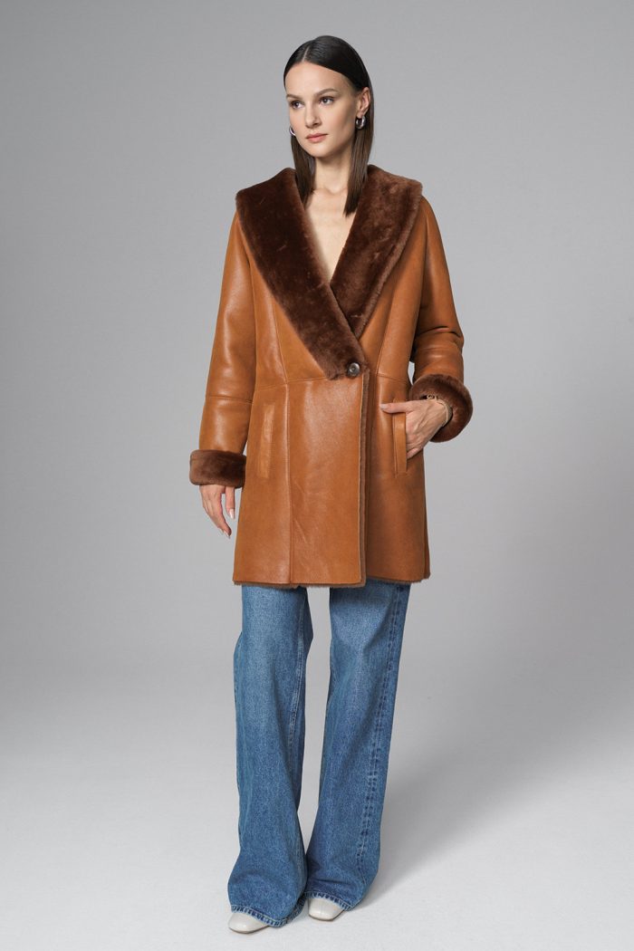 Amber Lambskin Midi Coat with Merino Fur Collar-2