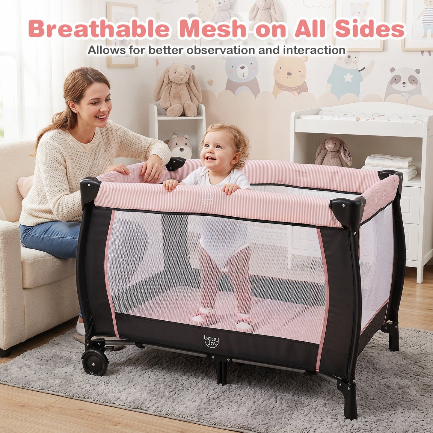 Baby Playpen with Changing Table and Bassinet - Pink