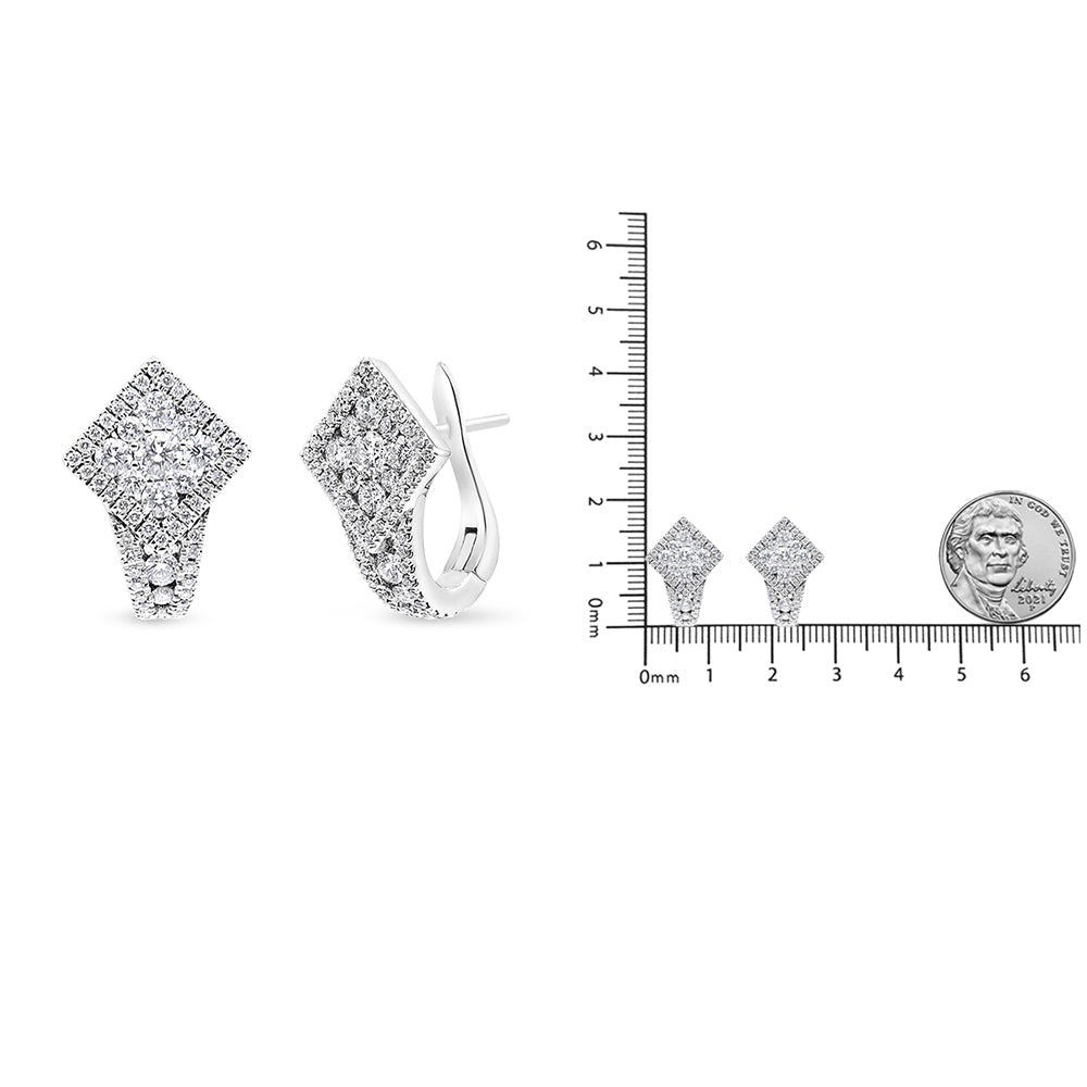 18K White Gold 1 1/10 Cttw Round Diamond Cluster with Halo Hoop Huggie Earring (F-G Color, VS1-VS2 Clarity)-4