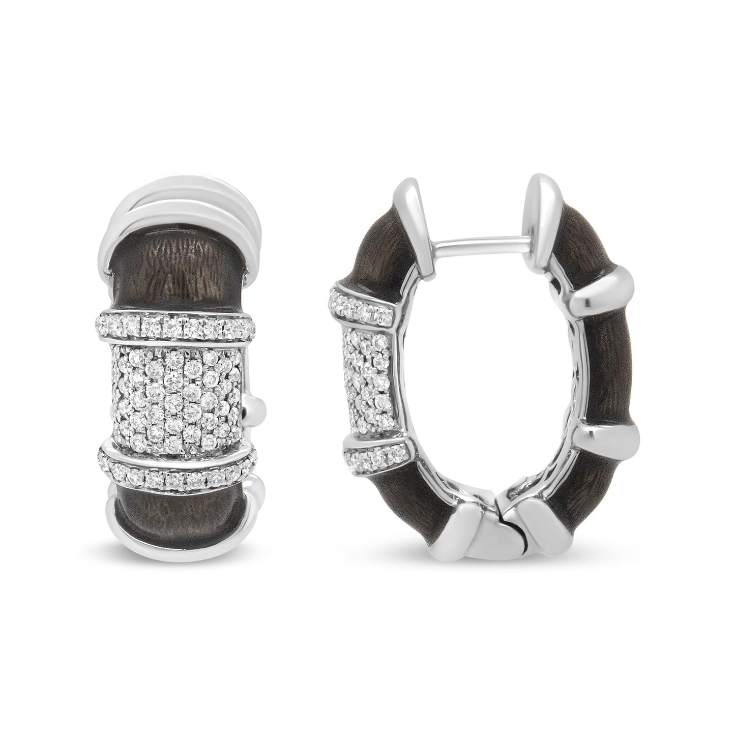18K White Gold Flash Plated .925 Sterling Silver Clear Graphite Grey Enamel 5/8 Cttw Round Diamonds Huggie Hoop Earrings (F-G Color, VS1-VS2 Clarity)-4