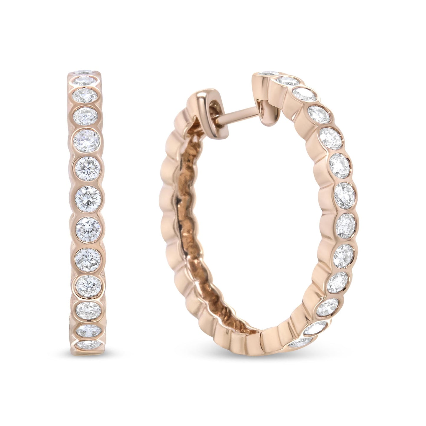 18K Rose Gold 1 Cttw Round Bezel-Set Diamond Hoop Earrings (F-G Color, VS1-VS2 Clarity)-4