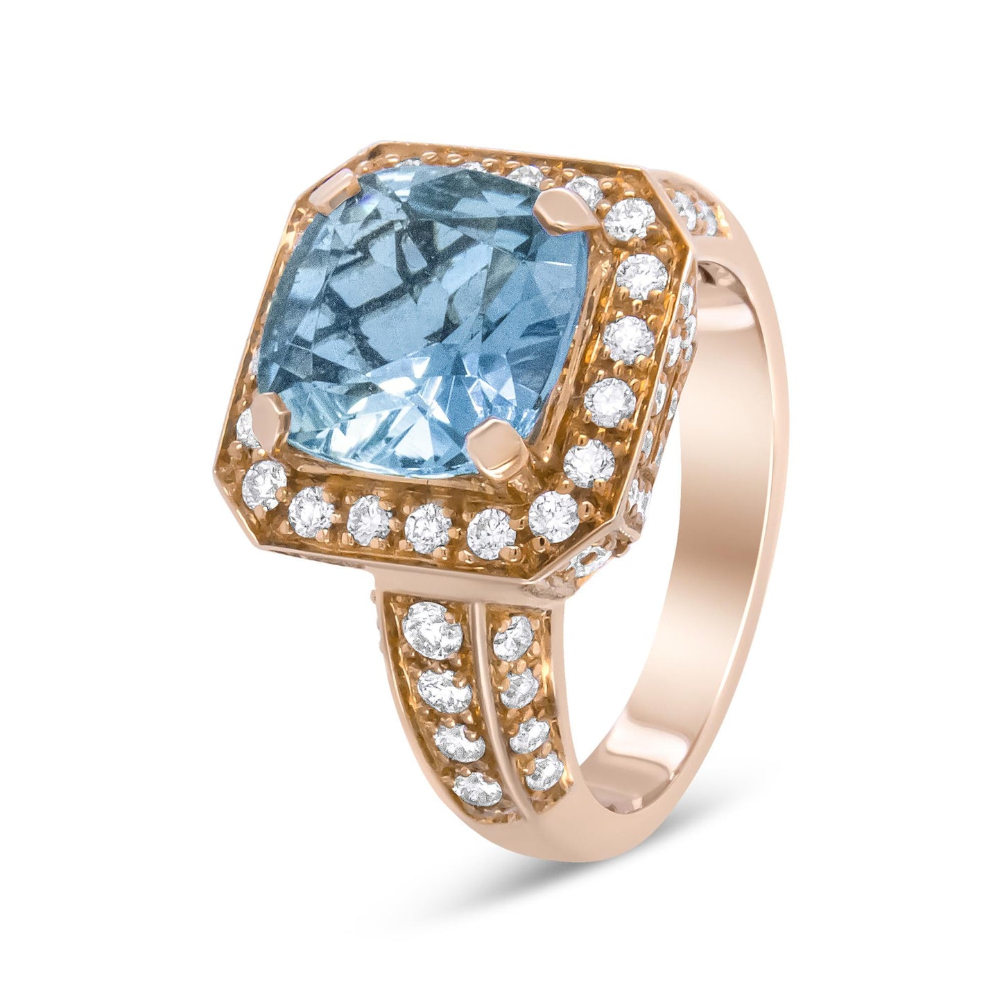 18K Rose Gold 10x10mm Cushion Shaped Aquamarine and 1 1/8 Cttw Round Diamond Halo Ring (F-G Color, VS1-VS2 Clarity)-4