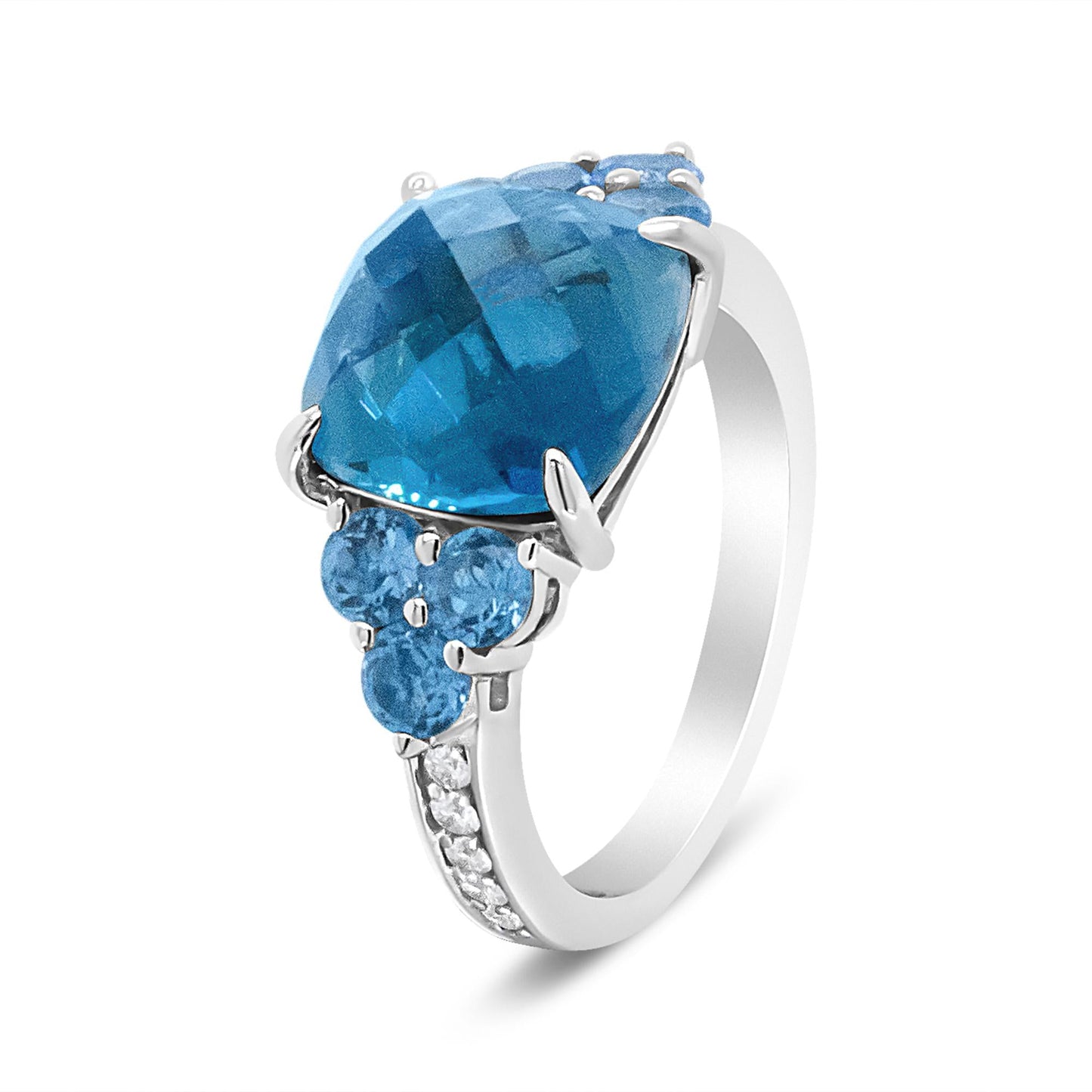 18K White Gold 10mm Cushion Shaped Blue Topaz and 1/6 Cttw Diamond 3 Stone Style Ring (F-G Color, VS1-VS2 Clarity)-4
